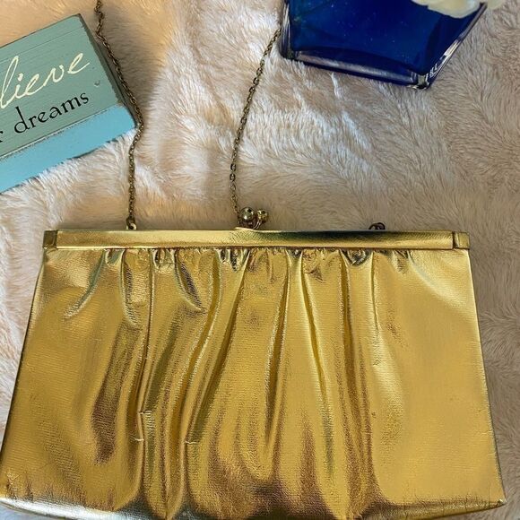 Vintage!  Gold Clutch Purse & Shoulder Bag - Picture 2 of 8